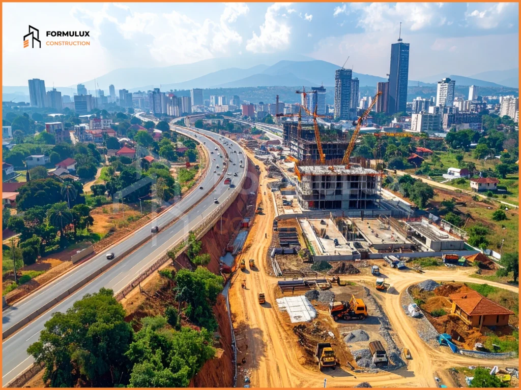 Aerial view of active construction projects in Zimbabwe in 2025, showing new buildings, road infrastructure, and industrial development reflecting renewed investment confidence.